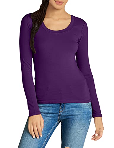 Emmalise Women's Junior and Plus Size Basic Scoop Neck Tshirt Long Sleeve Tee, Medium, Purple