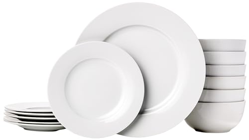 Amazon Basics Kitchen Dinnerware Set, Microwave and Dishwasher Safe, Plates, Bowls, Service for 6, 18-Piece, WhiteGibso