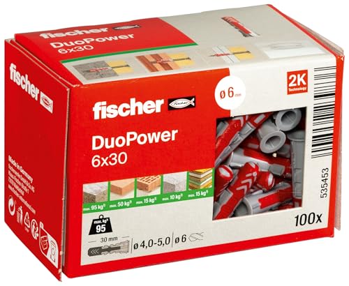 (-35%) fischer DuoPower 6 x 30, Universaldübel, leistungsstarker 2-Komponenten-Dübel, Kunststoffdübel zur Befestigung in Beton, Ziegeln, Stein, Gipskarton uvm., ohne Schrauben, 100 Stück