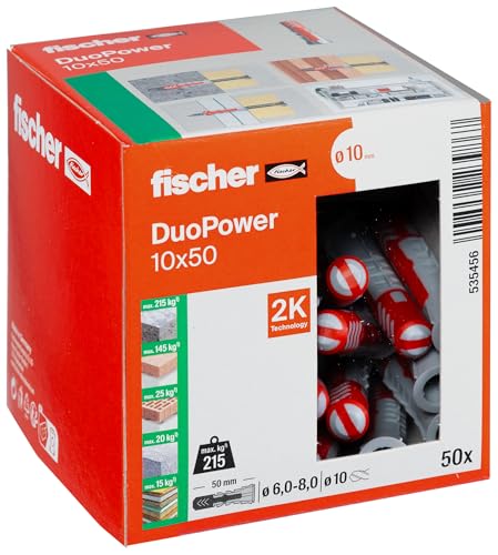 (-35%) fischer DuoPower 10 x 50, Universaldübel, leistungsstarker 2-Komponenten-Dübel, Kunststoffdübel zur Befestigung in Beton, Ziegeln, Stein, Gipskarton uvm., ohne Schrauben, 50 Stück
