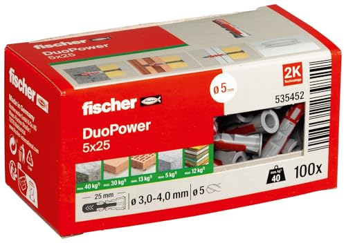 (-18%) fischer DuoPower 5 x 25, Universaldübel, leistungsstarker 2-Komponenten-Dübel, Kunststoffdübel zur Befestigung in Beton, Ziegeln, Stein, Gipskarton uvm., ohne Schrauben, 100 Stück