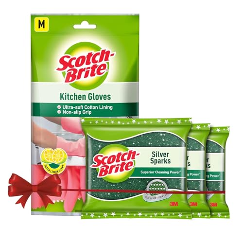 Kitchen Gloves medium pair (1 unit) & Scotch-Brite Silver sparks scrub pad for dishwashing (3 units)