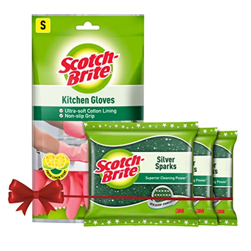 Kitchen Gloves small pair (1 unit) & Scotch-Brite Silver sparks scrub pad for dishwashing (3 units)