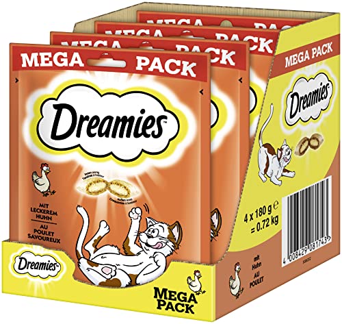 🔥 STARKER PREIS (-45%) Dreamies Klassiker Katzensnacks mit Huhn – Katzenleckerli mit knuspriger Textur und cremiger Füllung – 4 x 180g