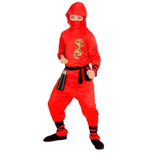 Widmann 01338 - Dragon Ninja Children's Costume, Hooded Top, Trousers, Belt, Face Mask, Red, 158 cm / 11-13 Years