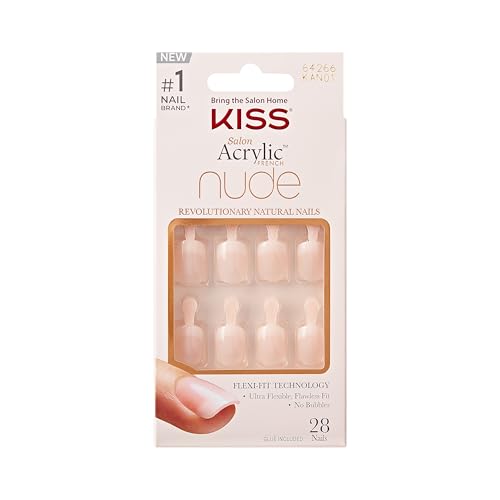 KISS Salon Acrylic Nude French Tip Press On Nails Short, ‘Breathtaking’, Beige, Squoval, Includes 28 Fake Nails, Nail Glue 2g, 1 Manicure Stick, 1 Mini File
