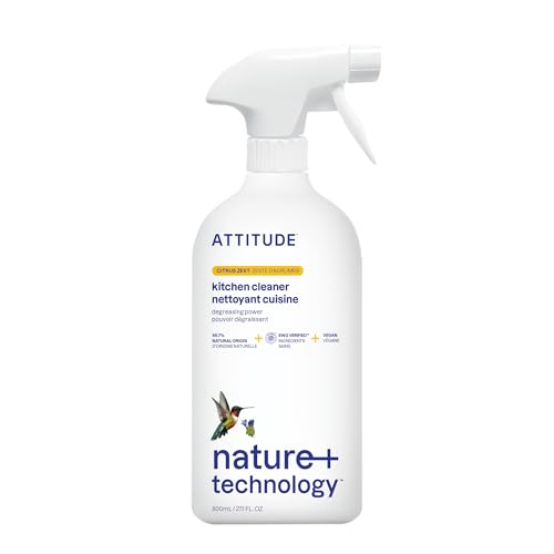 ATTITUDE Kitchen Cleaner Spray, EWG Verified, Powerful Degreaser, Cuts Grease & Grime, Plant-Based & Vegan, Citrus Zest Scent, 27.1 Fl Oz