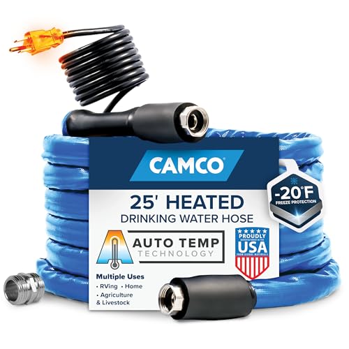 Camco 25-Ft Heated Water Hose for RV - Water Line Freeze Protection Down to -20°F/-28°C - Features Energy-Saving Thermostat & Includes Adapter for Connection to Either End of Hose (22911)