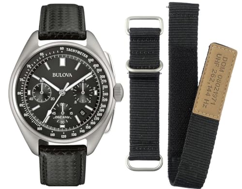 Bulova Men's Archive Series Lunar Pilot 6-Hand Chronograph High Performance Quartz Stainless Steel and Black Nylon Strap Watch Set, Sapphire Crystal Style: 96B251