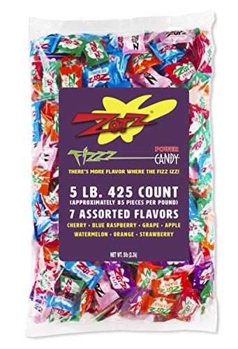 Zotz Fizzy Bulk Candy (Assorted, 425 Units)- Hard Candy Individually Wrapped- Assorted 7 Fruit Flavors, Cherry, Watermelon, Strawberry, Blue Raspberry, Apple, Orange & Grape- From Italy Since 1970