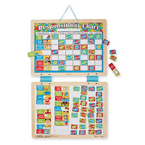 Melissa & Doug Magnetic Wooden Responsibility Chart Toddler Routine, Kids Reward Board, Chores Chart, Responsibility Tool for Kids Ages 3+