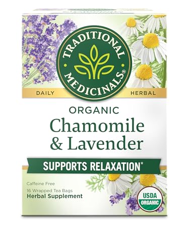 Traditional Medicinals Organic, Chamomile & Lavender - Chamomile Tea Supporting Stress Relief and Relaxation - Kosher, Non-GMO, Caffeine-Free, Compostable - 16 Tea Bags