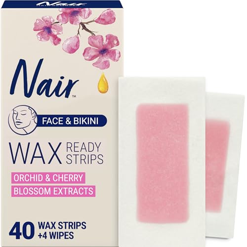 Nair Hair Remover Wax Ready Strips, Face and Bikini Hair Removal Wax Strips, Orchid and Cherry Blossom Extracts, Dermatologist Tested, Plus 4 Non-Flushable Post Wipes, 40 Count