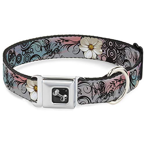 Buckle-Down Seatbelt Buckle Dog Collar - Flowers w/Filigree Pink - 1.5" Wide - Fits 16-23" Neck - Medium