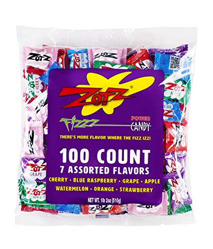Zotz Fizzy Bulk Candy (Assorted, 100 Units)- Hard Candy Individually Wrapped- Assorted 7 Fruit Flavors, Cherry, Watermelon, Strawberry, Blue Raspberry, Apple, Orange & Grape- From Italy Since 1970
