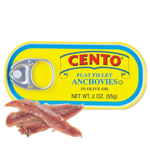 Cento Flat Fillet Anchovies in Olive Oil, 2 Oz, Firm, Skinless, Boneless, Canned Moroccan Anchovy Fillets for Salad, Pizza, Pasta, Easy to Open Pull Top Lid - Non-GMO, BPA Free, Gluten-Free