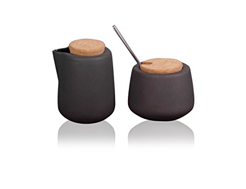 Viva Nicola Charcoal Sugar and Creamer Set, Porcelain Coffee and Tea Serving Set - Cream Pitcher and Sugar Bowl with Cork Lid and Metal Spoon, 7oz / 200ml Milk and Sugar for Coffee Bar