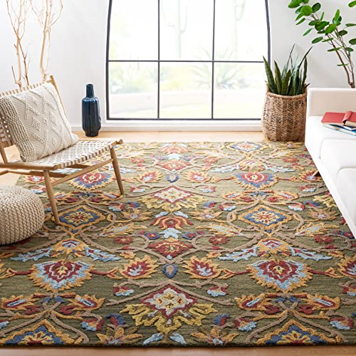 SAFAVIEH Blossom Collection Area Rug - 8' x 10', Green & Multi, Handmade Wool, Ideal for High Traffic Areas in Living Room, Bedroom (BLM402B)