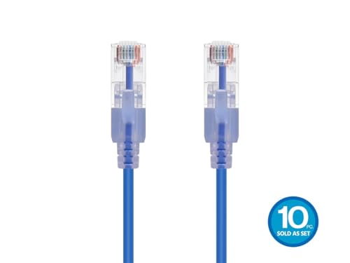 Monoprice Cat6A Ethernet Patch Cable - Snagless RJ45, 550Mhz, 10G, UTP, Pure Bare Copper Wire, 30AWG, 10-Pack, 1 Feet, Blue - SlimRun Series