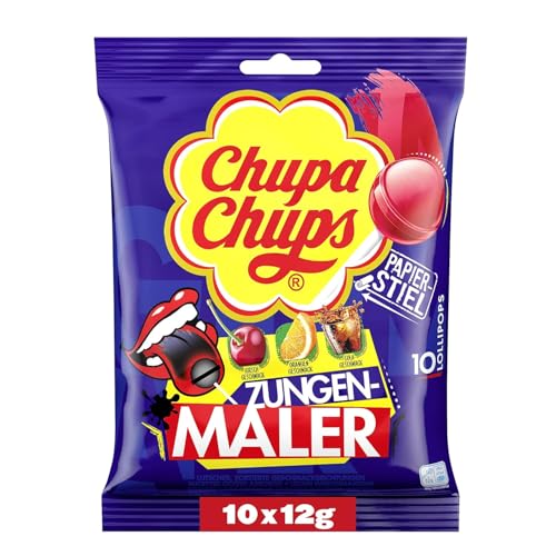 (-27%) Chupa Chups Zungenmaler Lutscher, Nachfüllbeutel 10 Stück, Cola, Kirsch, Orangen-Geschmack, Färben die Zunge, ohne künstliche Farbstoffe, geeignet für Geburtstag, 10 x 12g