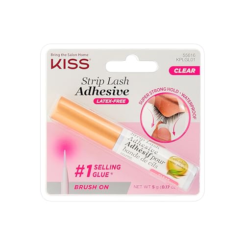 KISS Clear Strip Lash Adhesive With Aloe, Waterproof, Formaldehyde and Latex Free, Odor Free, Cruelty Free, Super Strong Hold Eyelash Glue with Brush Applicator, 0.17 Oz.