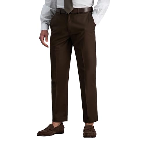 Haggar mens Premium No Iron Khaki Classic Fit Expandable Waist Flat Front Casual Pants, Chocolate, 36W x 30L US