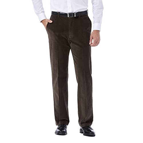Haggar Men's Corduroy Expandable Waist Straight Fit Flat Front Pant, Brown-Classic, 44x29