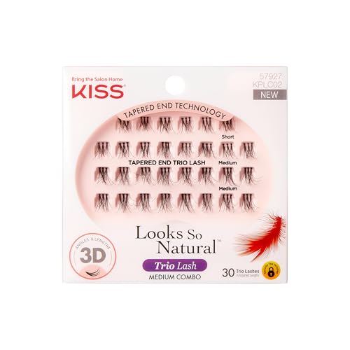 KISS Looks So Natural Trio Lash Combo Pack False Eyelashes, Lash Extension Kit, Short & Medium, Tapered End Technology, 3D Lengths & Angles, Easy Grip Tray, Lash Glue 0.7g, 30 Lash Clusters