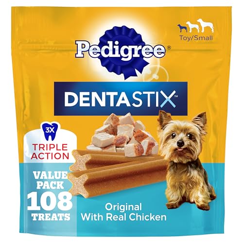 Pedigree Dentastix Small and Toy Breed Dog Treats, Original with Real Chicken, 1.63 lb. Bag (108 Treats)