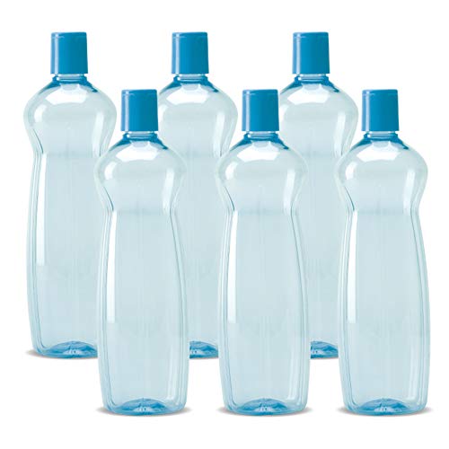 MILTON Pacific Pack of 6 Water Bottles, 1 Litre Each, Reusable Plastic Fridge Bottle Set, BPA Free and Leak Proof Bottles for Travel, Work, Blue