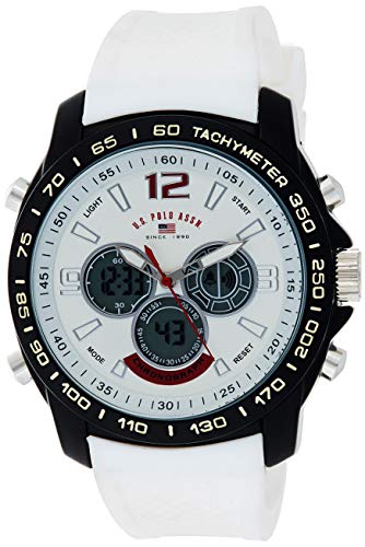 U.S. Polo Assn. Men's Chronograph Sport Watch – Ana-Digital Display with Tachymeter Bezel, Dual Time, Stopwatch & Alarm – White Silicone Strap – 46mm Case – Fits Wrists 5.5" to 8"