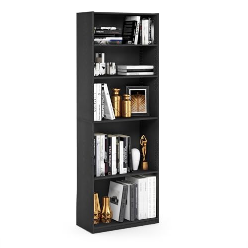 Furinno JAYA Book shelf, 5-Tier Bookshelf, Bookcase with Adjustable Shelves, 9.5" x 24.5" x 71.2", for Living Room, Bedroom, Home Office, Blackwood