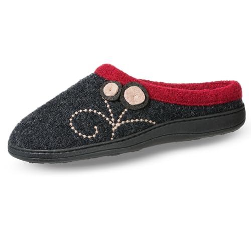 Acorn Women's Indoor/Outdoor Clog Slippers – Wool Upper, Memory Foam Cushioning & Arch Support, Berber Lining, Cozy House Shoes, Charcoal Button, 8-9