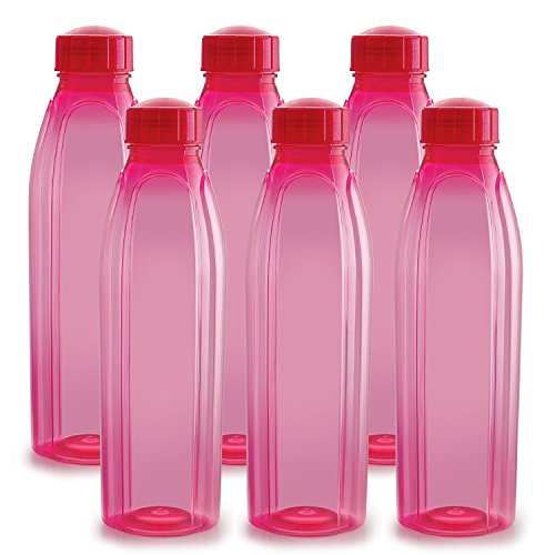 CELLO Crystal Water Bottles Set of 6 Pcs For Daily Use 1000ml Pink | Stylish & Unbreakable BPA-Free Leakproof Lightweight Refrigerator Safe Pet Water 