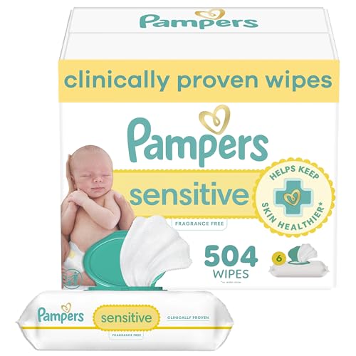 Pampers Baby Wipes Sensitive, Water Based Hypoallergenic and Unscented 504 Total (6 Flip-Top Packs)
