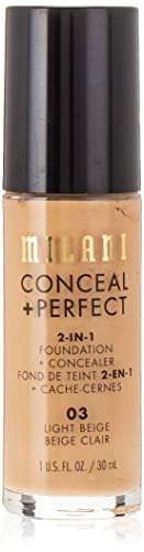 Milani Conceal + Perfect Liquid Foundation - Light Beige, 1 Fl. Oz. Cruelty-Free, Water-Resistant, Oil-Free, Medium-To-Full Coverage, Satin Matte Finish