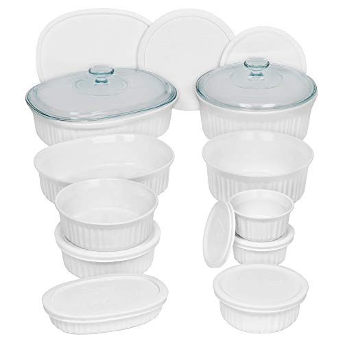 CorningWare French White 20-Pc Ceramic Bakeware Set with Lids Chip and Crack Resistant Stoneware Baking Supplies, Microwave, Dishwasher, Oven, Freezer and Fridge Safe