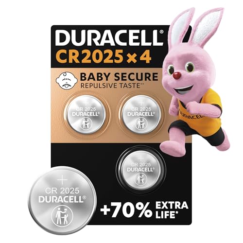 DURACELL 2025 Lithium Coin Batteries 3V (4 Pack) - Up to 70% Extra Life - Baby Secure Technology - For Use in Key Fobs, Fitness Watches and 3D Glasses - Baby Secure Packaging