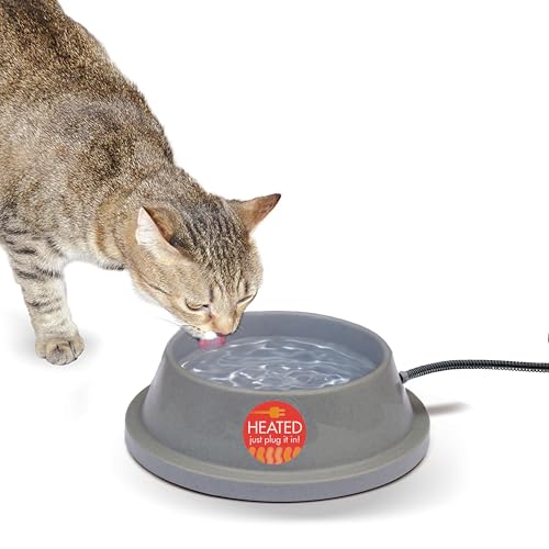 K&H Pet Products Thermal-Bowl Heated Water Bowl for Cats & Dogs Outside, Safety Listed Outdoor Heated Dog Dish for Pets, Automatic No Freeze, Anti Chewy Cord - 32 Ounces Gray 12W