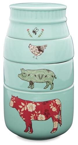 Pavilion Gift Company - 'Live Simply Bee, Chicken, Pig, and Cow' - 4-Piece Stoneware Measuring Cups Set, Sturdy Farmhouse-Style Kitchenware for Home Baking, Cooking, Gifting - Teal, 8 Ounces