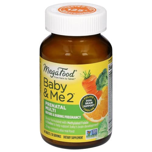 MegaFood Baby & Me 2 Prenatal Vitamin and Minerals - Vitamins for Women - with Folate (Folic Acid Natural Form), Choline, Iron, Iodine, and Vitamin C, Vitamin D and more - 60 Tabs (30 Servings)