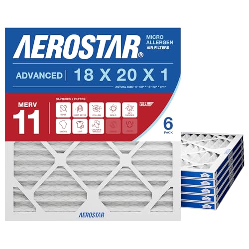 Aerostar 18x20x1 MERV 11 - 6 Count - Pleated HVAC, Furnace & Air Conditioner Filters - Removes Dust, Cold & Flu Germs, Lint, Mold, Pet Dander, Allergy-Causing Pollen, Smog & Smoke
