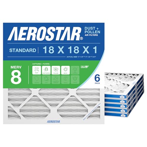 Aerostar 18x18x1 MERV 8 - 6 Count - High Efficiency Pleated HVAC, Furnace & Air Conditioner Filters - Removes Dust, Lint, Mold & Allergy-Causing Pollen