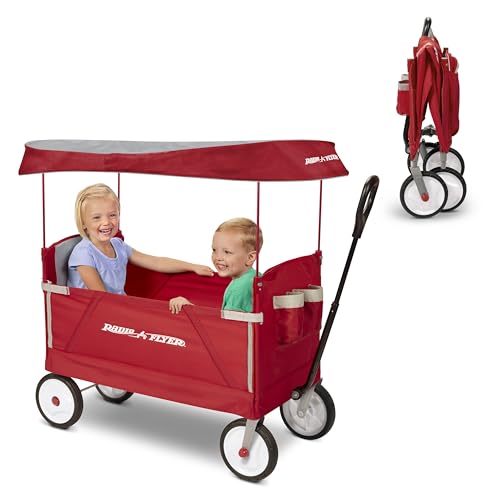 Radio Flyer Foldable Wagon for Kids, Rolling Cart, Baby Stroller, Beach Cart, 3-in-1 EZ Fold Stroller Wagon with Canopy, Red, for Ages 1.5+ Years