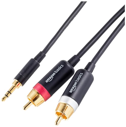 Amazon Basics 3.5 Aux to 2 x RCA Adapters, Audio Cable for Amplifiers, Active Speakers with Gold-Plated Plugs, 25 Feet/7.6 m, Black