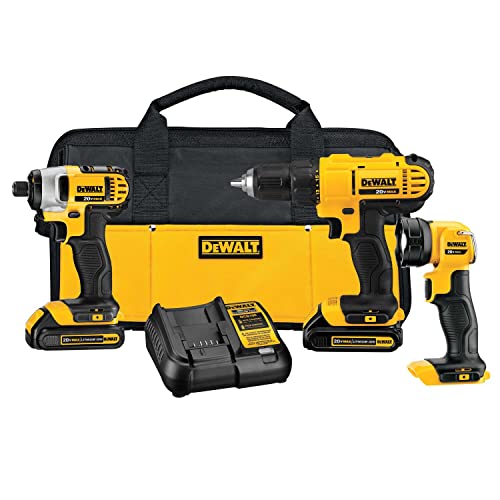 DEWALT20V MAX Cordless Drill Impact Driver and LED Work Light Portable, Power Tool Combo Kit 3 Tool, 2 Batteries and Ch
