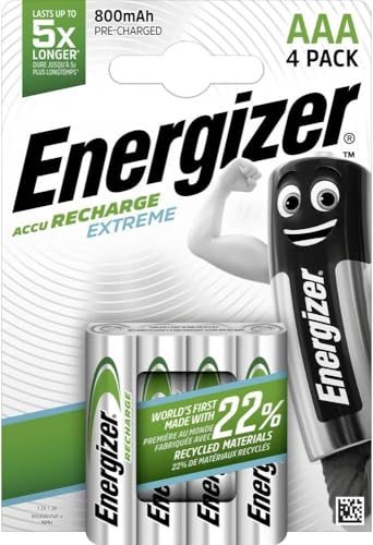 🔥 STARKER PREIS (-75%) Energizer Recharge Extreme - AAA Akkus wiederaufladbar (4 Stück) - 800 mAh NiMH Batterien - lang anhaltende Energie für Digitalkameras, Spiele-Controller und tragbare - 100% Recycelbar Verpackung