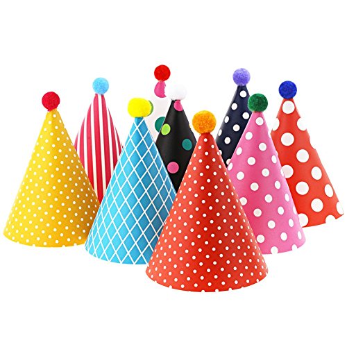 Party Hats for Kids Birthday Hats, DIY Mini Cone and Crown Set with Pom Poms, Small Paper Caps for Stuffed Animals, Pets