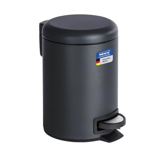 (-40%) WENKO Kosmetikeimer 3 Liter, Stahl, herausnehmbarer Inneneimer mit Müllbeutelhalter, Mülleimer fürs Bad mit Deckel und Tretfunktion, ausklappbarer Tragegriff, Schwarz matt, Mod. Leman