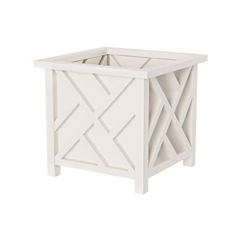 Lattice Design Outdoor Planter Box - 14.75” Square 13” Tall White Plant Pot - Decorative Plant Pots for Front Porch Decor - Flower Pots Outdoor Planters for Porch Patio or Garden Decor by Pure Garden